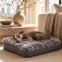 Large Genuine Sheepskin Orthopaedic Dog Bed. Grey Memory Foam Dog Bed