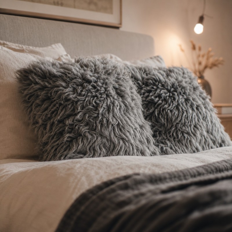 Two Large Grey Genuine Sheepskin Cushions 50cm
