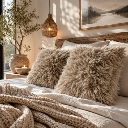 Two Light Beige Genuine Sheepskin Cushions 50cm