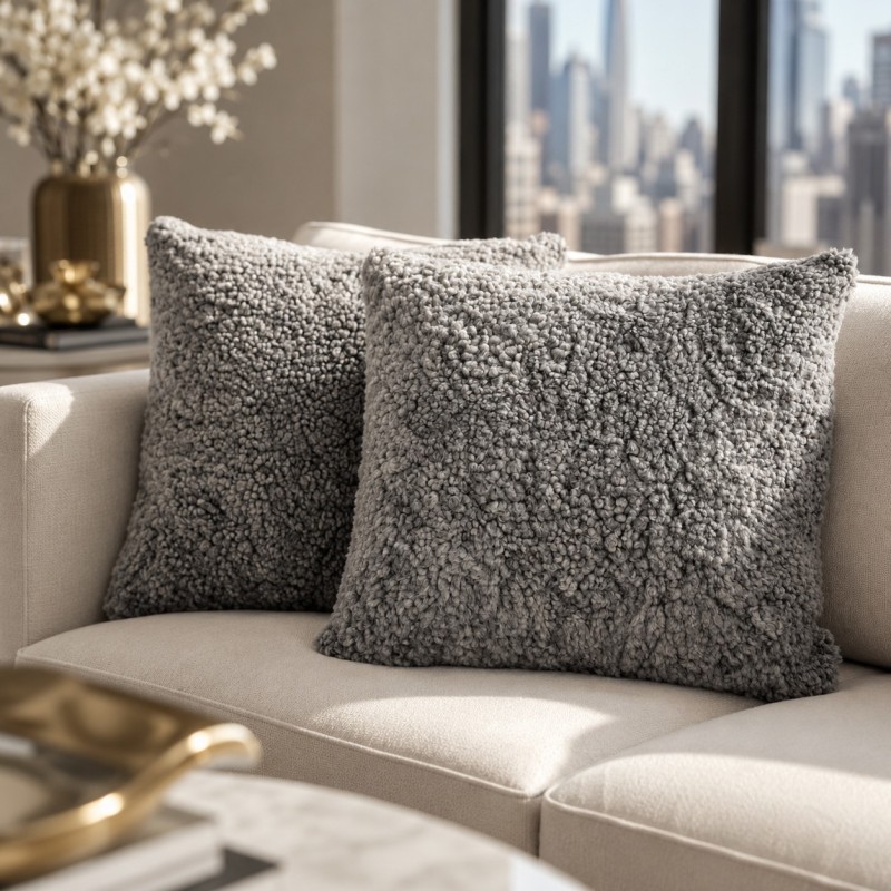 Pair Of Grey Short Haired Genuine Sheepskin Cushions 40cm