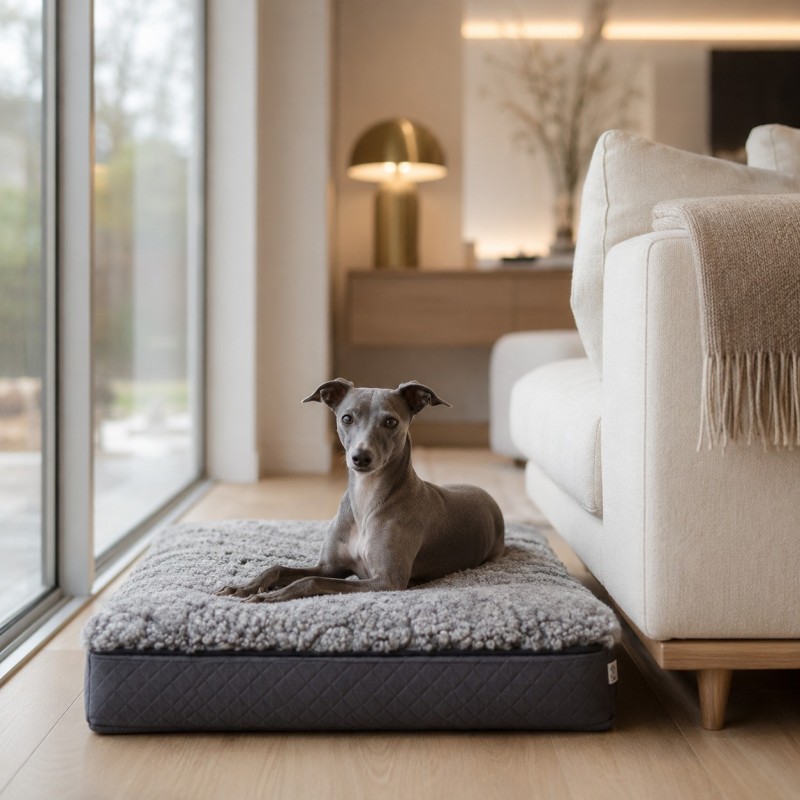 Large Grey Real Sheepskin Pet Bed. Short Curly Haired Memory Foam Dog Bed