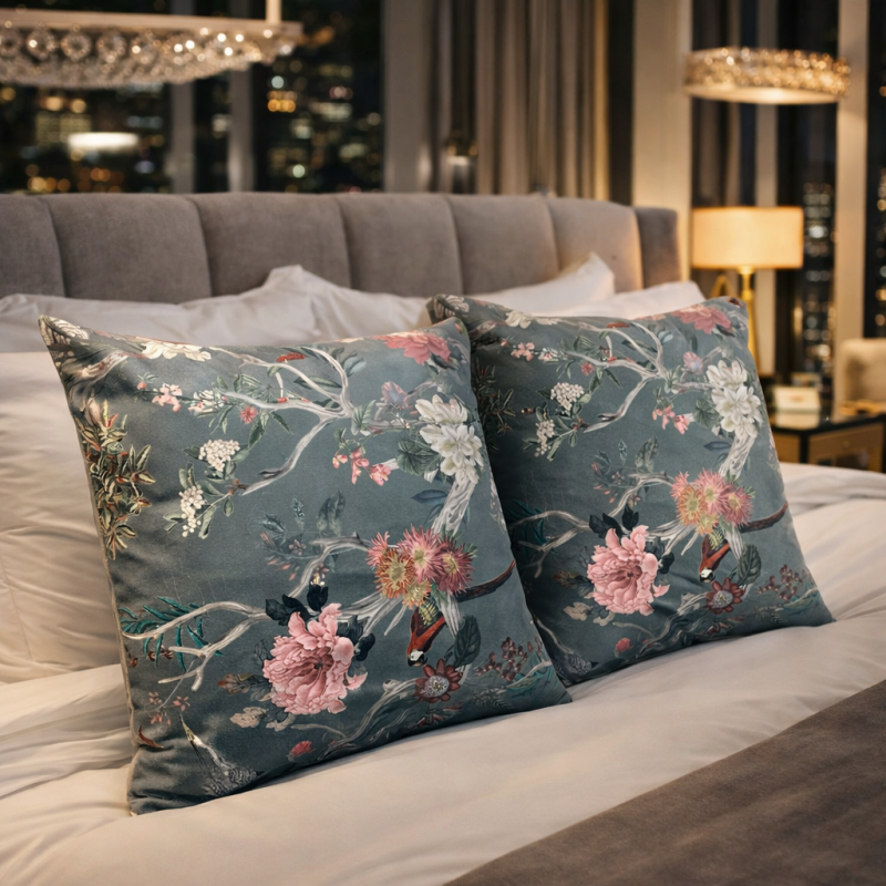 Chinoiserie Luxus Samtkissen | Orientalisch bedruckte Samtkissen