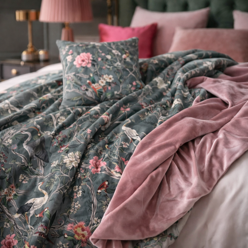 Plaid réversible en velours à motifs chinoiserie | Plaid de luxe en velours imprimé |