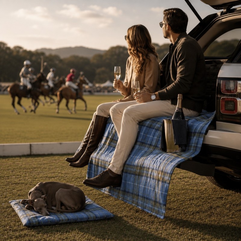 Padded Travel Blanket with Carry Handle Blue Tartan