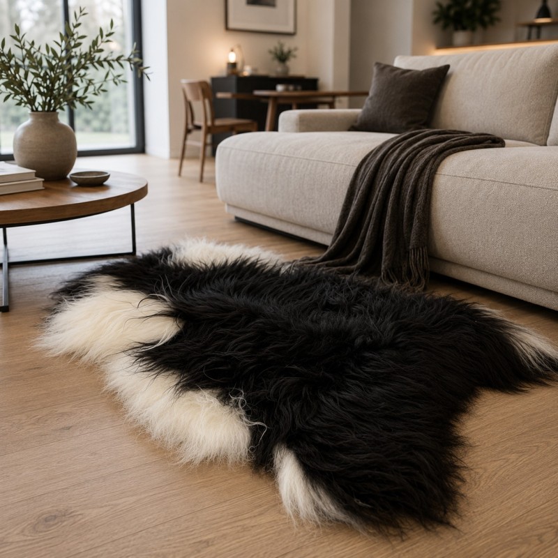Tapis en peau de mouton islandaise noire et blanche, tapis en peau de mouton islandaise naturelle