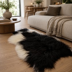 Tapis en peau de mouton islandaise noire et blanche, tapis en peau de mouton islandaise naturelle